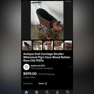 Antique Doll Carriage Stroller Whimsical Pig's Face Wood Rattan Rare Old 1920s